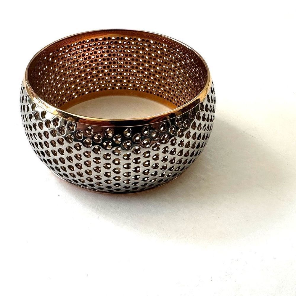 silver and gold tone cutout wide heart bangle bracelet